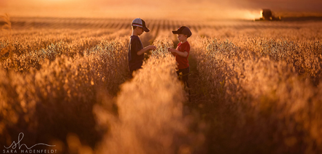 young boys in ready to harvest soybean field